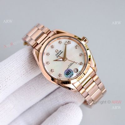 High End Replica Omega Seamaster Aqua Terra 150m Ladies 34mm Rose Gold Watch With Diamonds 